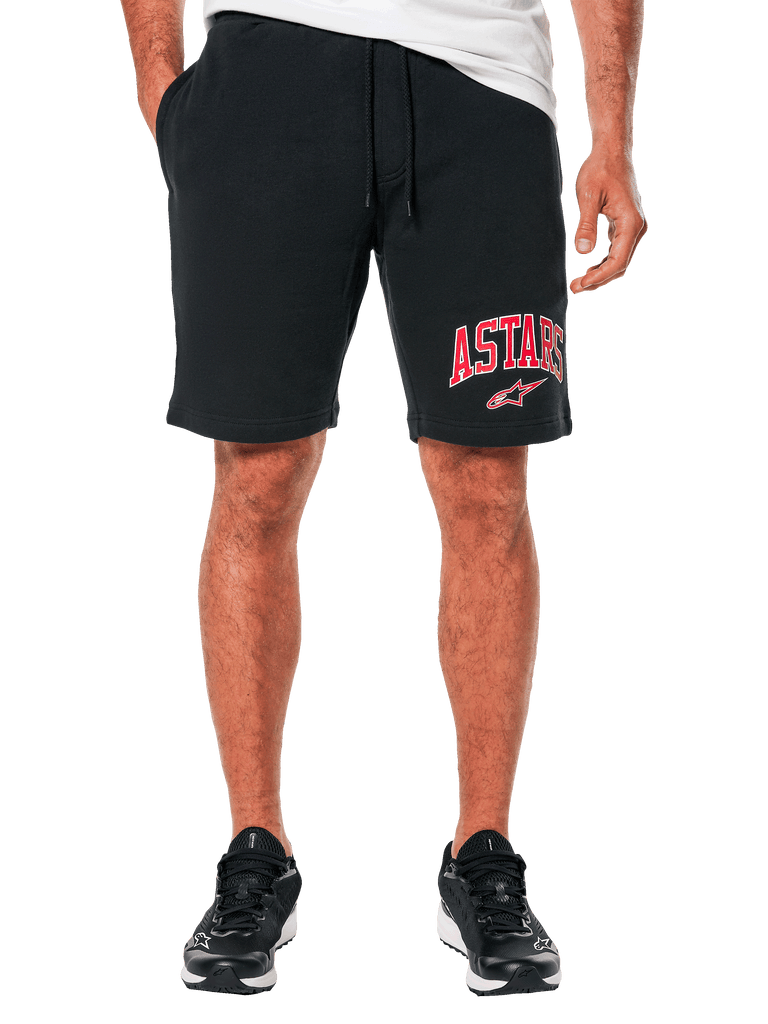 Alpinestars Dunker Short, short de entrenamiento de forro polar para hombre en color negro, con logotipo ASTARS en rojo en el muslo, cintura elástica con cordón ajustable y bolsillos laterales, estilo deportivo casual