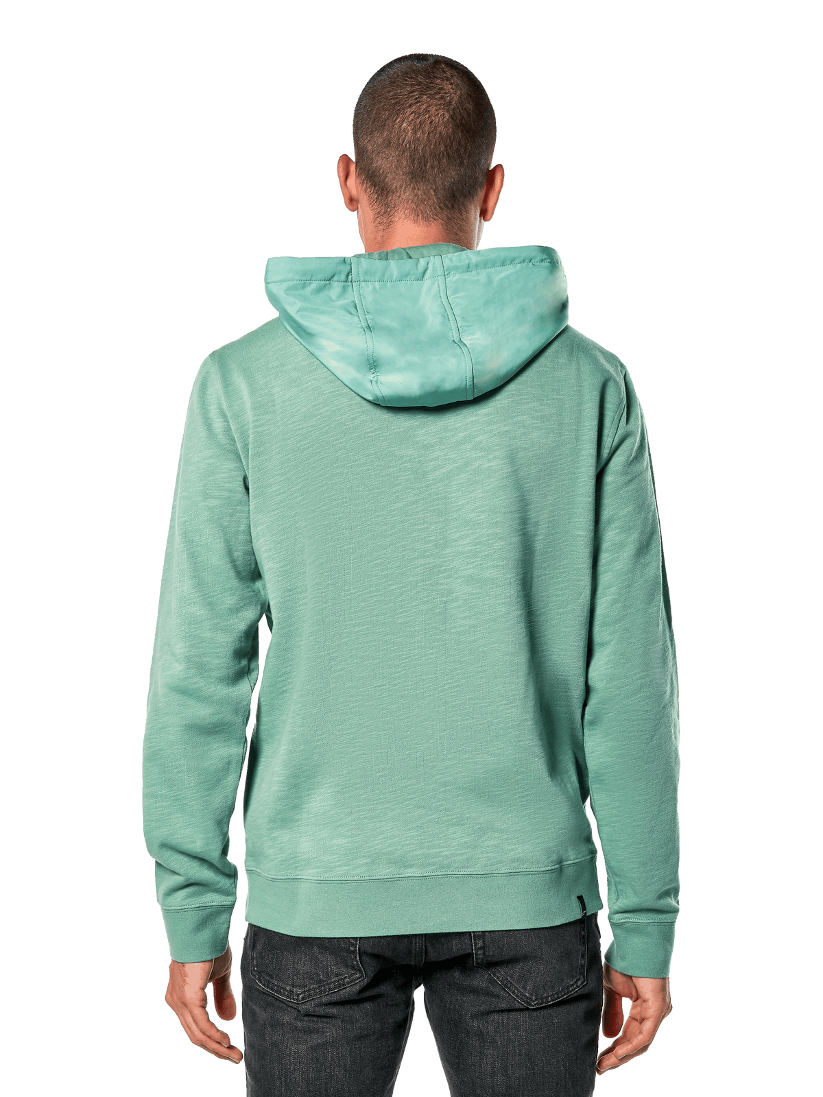 Alpinestars Rooted Hoodie, verde, vista trasera de un hombre vistiendo una sudadera casual de terry francés slub, con capucha superpuesta, puños y dobladillo acanalados, diseño de ropa deportiva moderna
