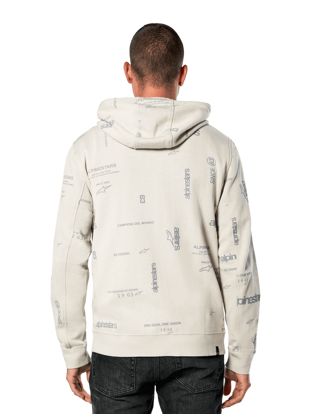 Sudadera con capucha Alpinestars Plenitude, vista posterior, blanco roto con estampado integral gris de eslóganes y logotipos de la marca, ropa deportiva casual, puños y dobladillo de canalé, sudadera con capucha para uso diario