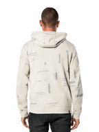 Sudadera con capucha Alpinestars Plenitude, vista posterior, blanco roto con estampado integral gris de eslóganes y logotipos de la marca, ropa deportiva casual, puños y dobladillo de canalé, sudadera con capucha para uso diario