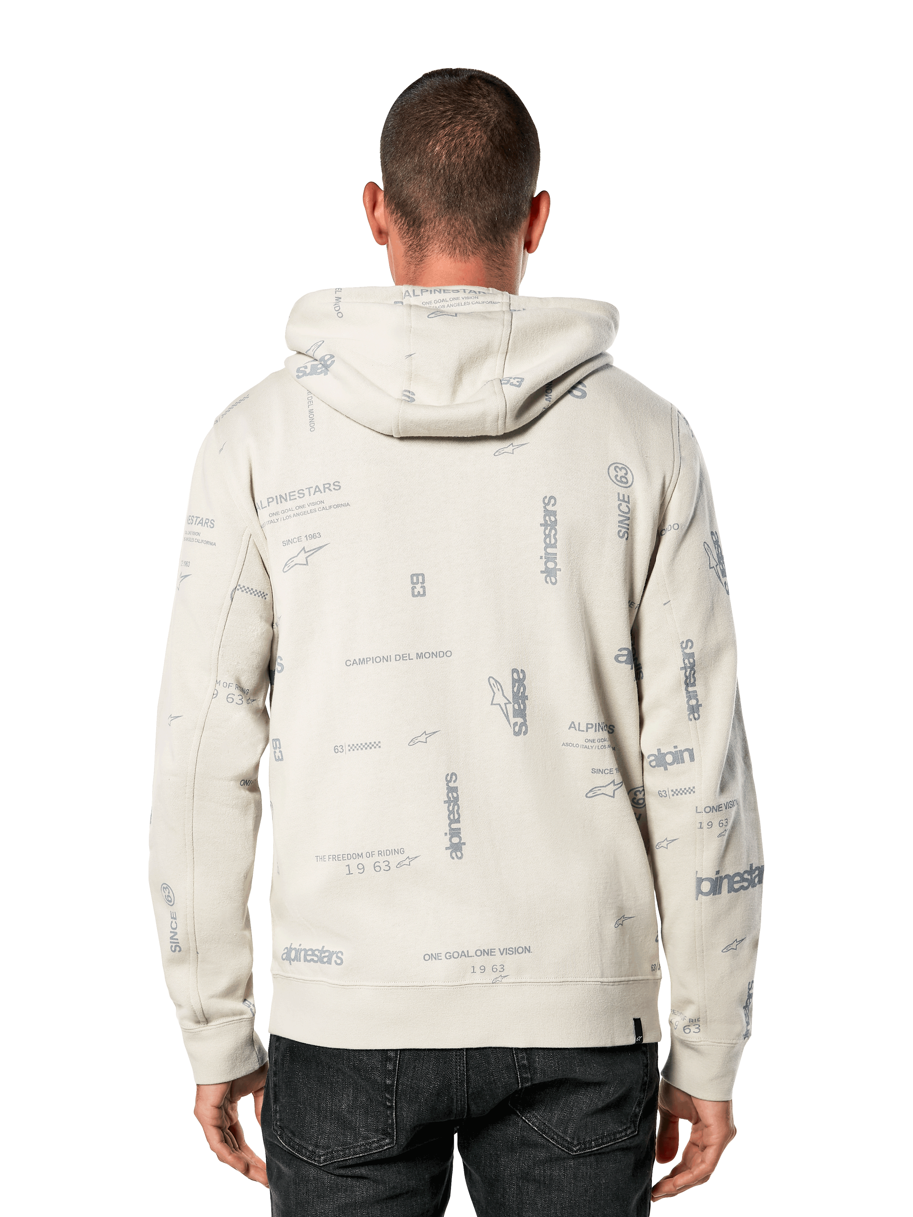 Sudadera con capucha Alpinestars Plenitude, vista posterior, blanco roto con estampado integral gris de eslóganes y logotipos de la marca, ropa deportiva casual, puños y dobladillo de canalé, sudadera con capucha para uso diario