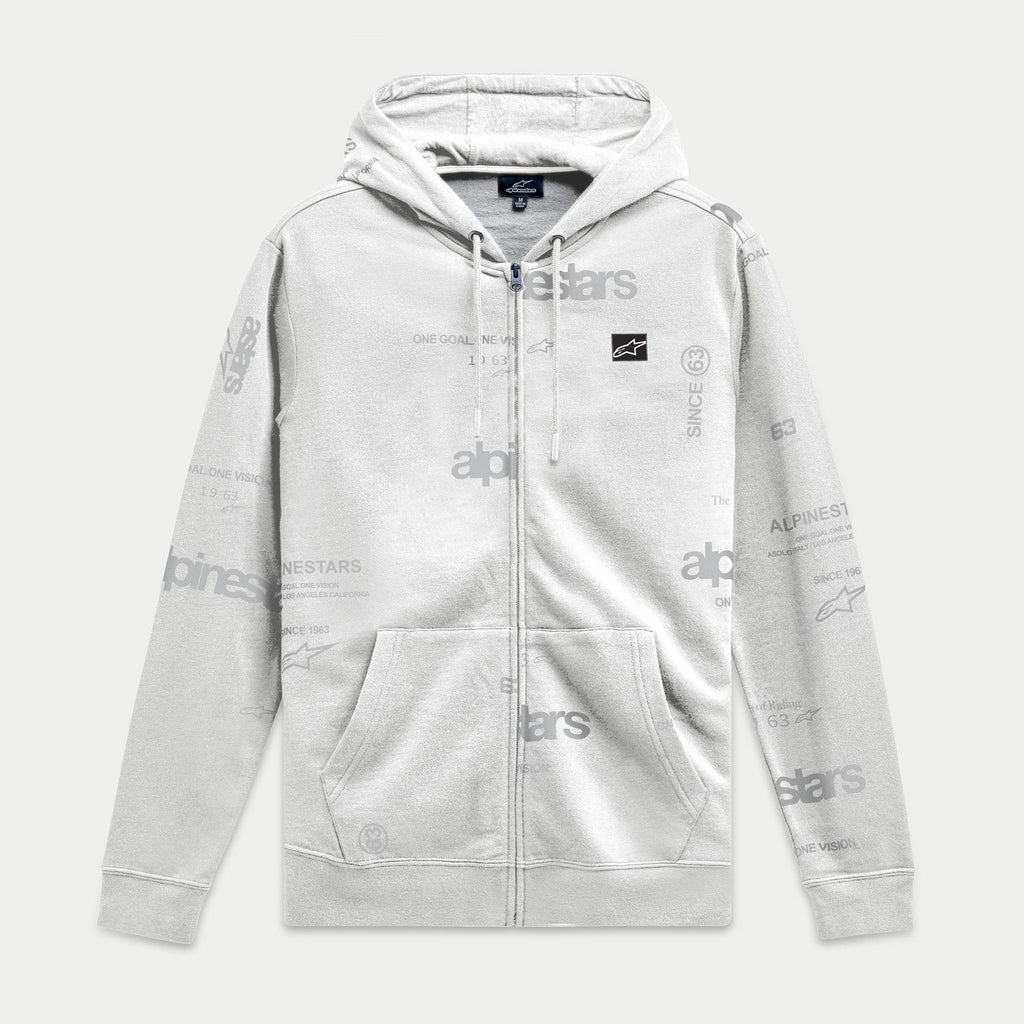 Sudadera con capucha Plenitude de Alpinestars, forro polar con cremallera frontal, color blanco roto con estampado integral de logotipos en gris, parche negro con el logotipo Ageless en el pecho, bolsillos tipo canguro y capucha con cordón, ropa urbana casual inspirada en el motorsport