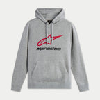 Sudadera con capucha Alpinestars Always V3, forro polar en gris jaspeado, con logotipo de estrella contorneado en rojo y texto Alpinestars en negro en el pecho, capucha con cordón, bolsillo de canguro frontal, ropa urbana casual inspirada en el automovilismo
