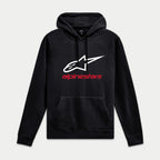 Alpinestars Always V3 Hoodie, sudadera con capucha negra, tejido polar con logotipo de estrella blanco y marca en rojo, estilo casual de motorsport, puños y dobladillo de canalé