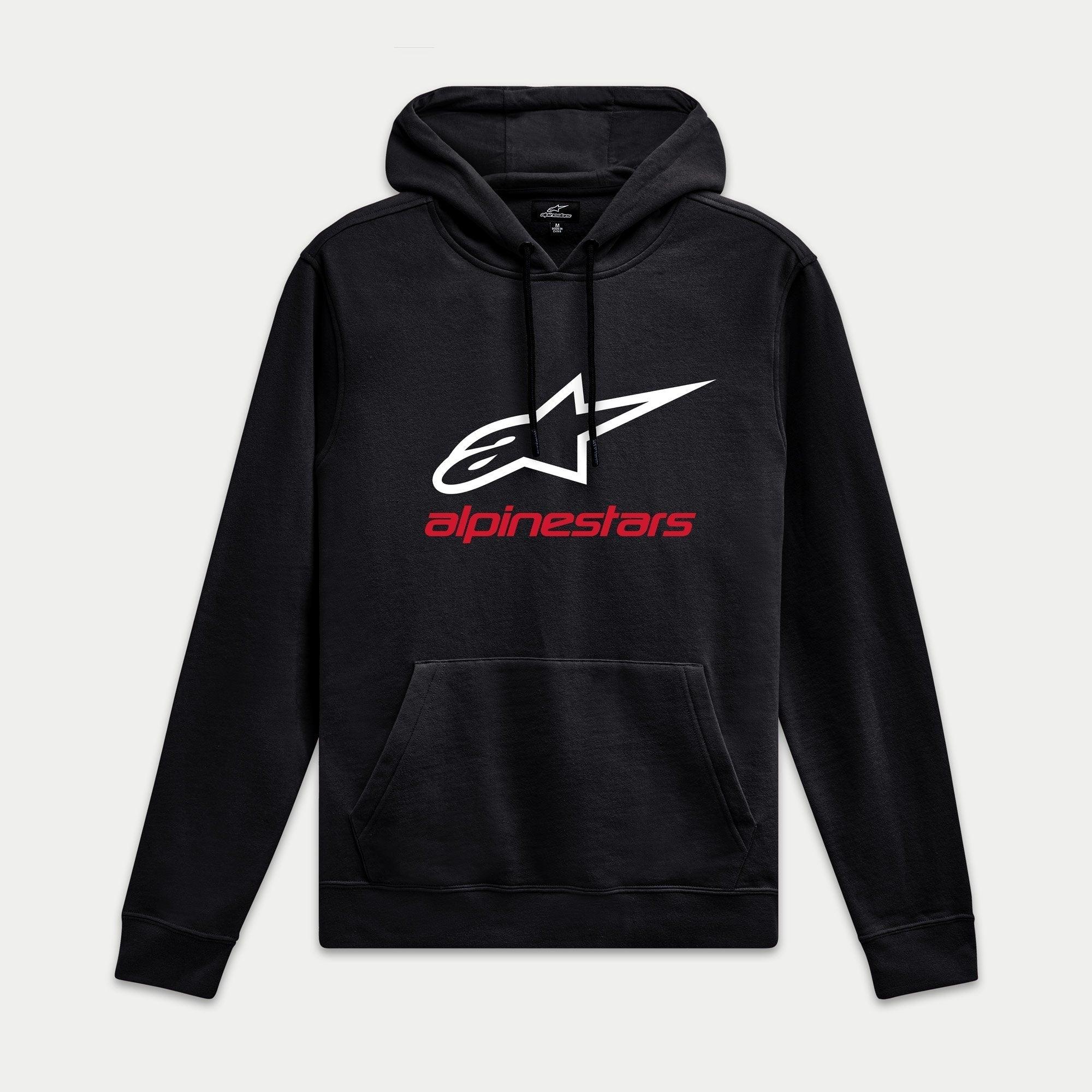 Alpinestars Always V3 Hoodie, sudadera con capucha negra, tejido polar con logotipo de estrella blanco y marca en rojo, estilo casual de motorsport, puños y dobladillo de canalé