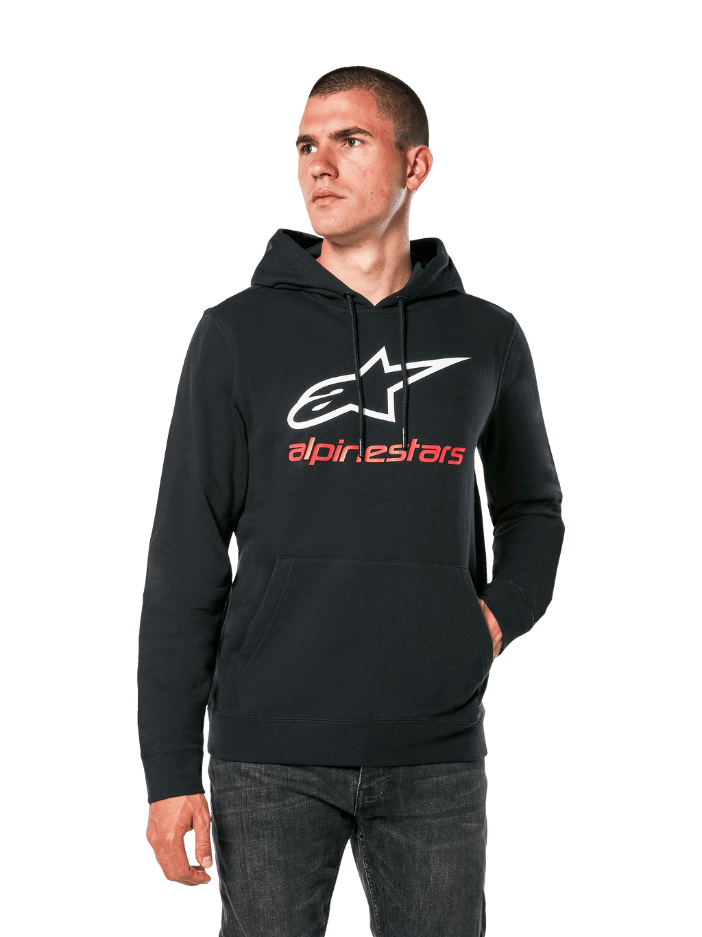 Alpinestars Always V3 Hoodie, sudadera negra casual con logotipo de estrella blanca y texto rojo de Alpinestars, diseño de jersey con bolsillo tipo canguro frontal, estilo urbano lifestyle de deportes de motor