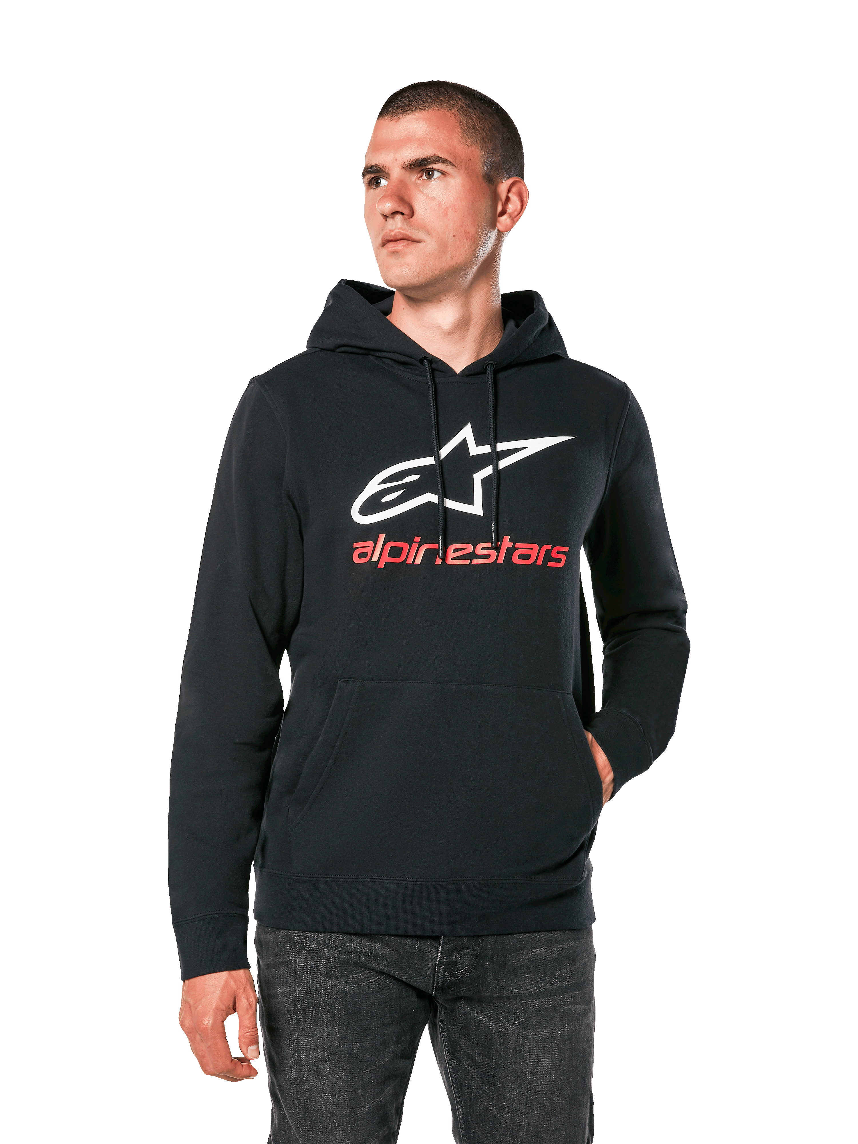 Alpinestars Always V3 Hoodie, sudadera negra casual con logotipo de estrella blanca y texto rojo de Alpinestars, diseño de jersey con bolsillo tipo canguro frontal, estilo urbano lifestyle de deportes de motor