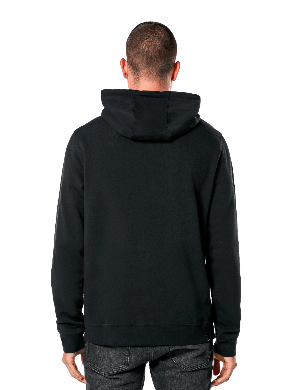 Sudadera con capucha Alpinestars Blaze V3, vista trasera de un hombre con sudadera negra, puños y dobladillo de canalé, capucha forrada de jersey, ropa urbana casual inspirada en el automovilismo