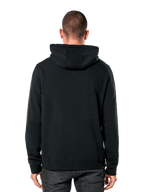 Sudadera con capucha Alpinestars Blaze V3, vista trasera de un hombre con sudadera negra, puños y dobladillo de canalé, capucha forrada de jersey, ropa urbana casual inspirada en el automovilismo