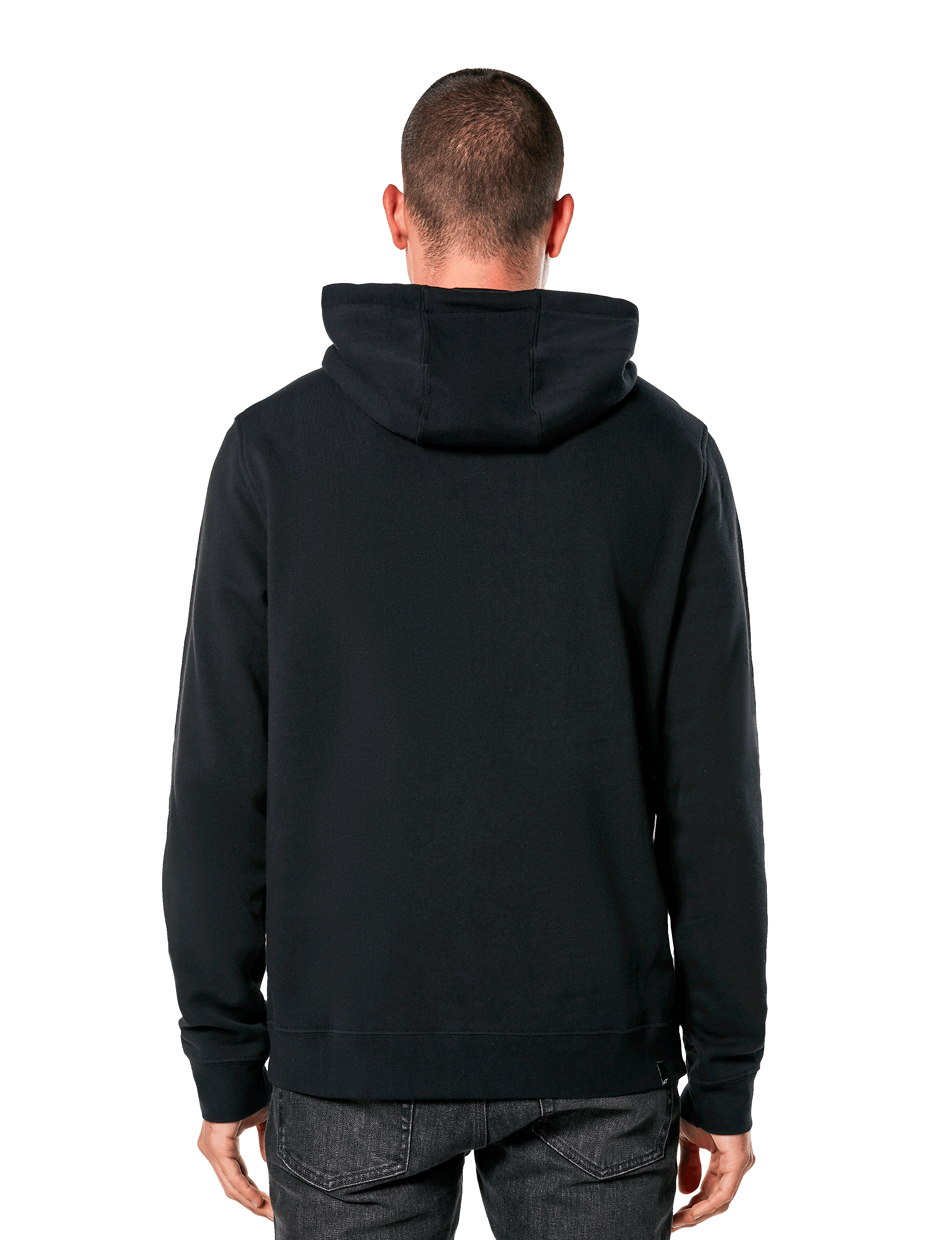 Sudadera con capucha Alpinestars Blaze V3, vista trasera de un hombre con sudadera negra, puños y dobladillo de canalé, capucha forrada de jersey, ropa urbana casual inspirada en el automovilismo