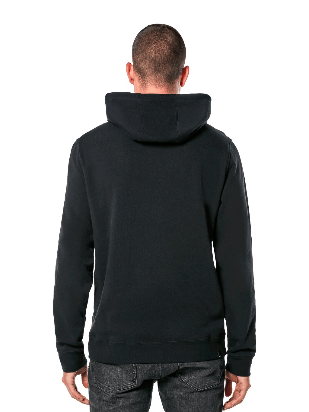 Sudadera con capucha Alpinestars Ride 4.0, vista trasera, ropa urbana casual negra, sudadera de forro polar liso con capucha con puños y dobladillo de canalé, combinada con vaqueros oscuros, diseño moderno inspirado en el automovilismo