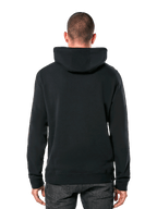 Sudadera con capucha Alpinestars Ride 4.0, vista trasera, ropa urbana casual negra, sudadera de forro polar liso con capucha con puños y dobladillo de canalé, combinada con vaqueros oscuros, diseño moderno inspirado en el automovilismo