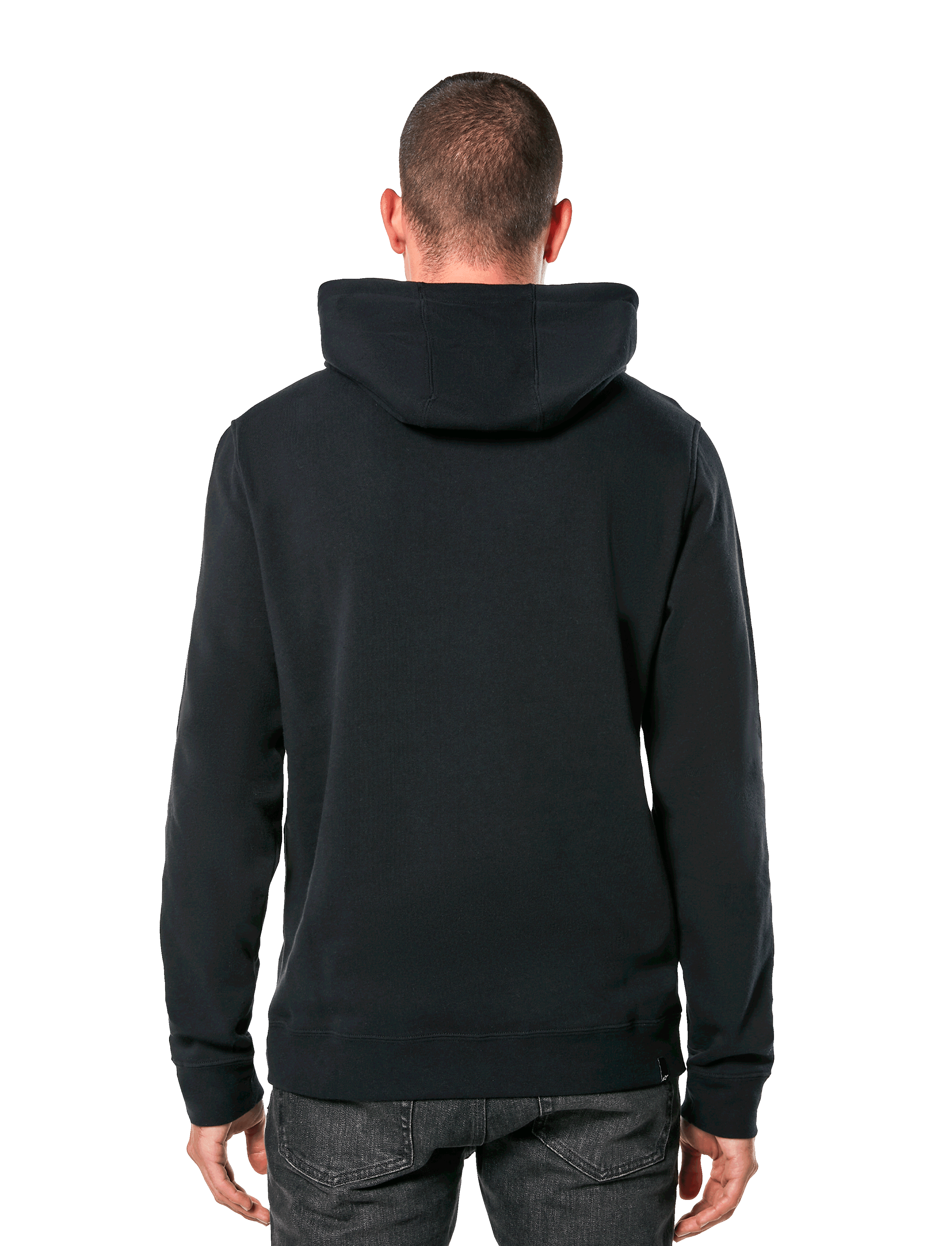 Sudadera con capucha Alpinestars Ride 4.0, vista trasera, ropa urbana casual negra, sudadera de forro polar liso con capucha con puños y dobladillo de canalé, combinada con vaqueros oscuros, diseño moderno inspirado en el automovilismo