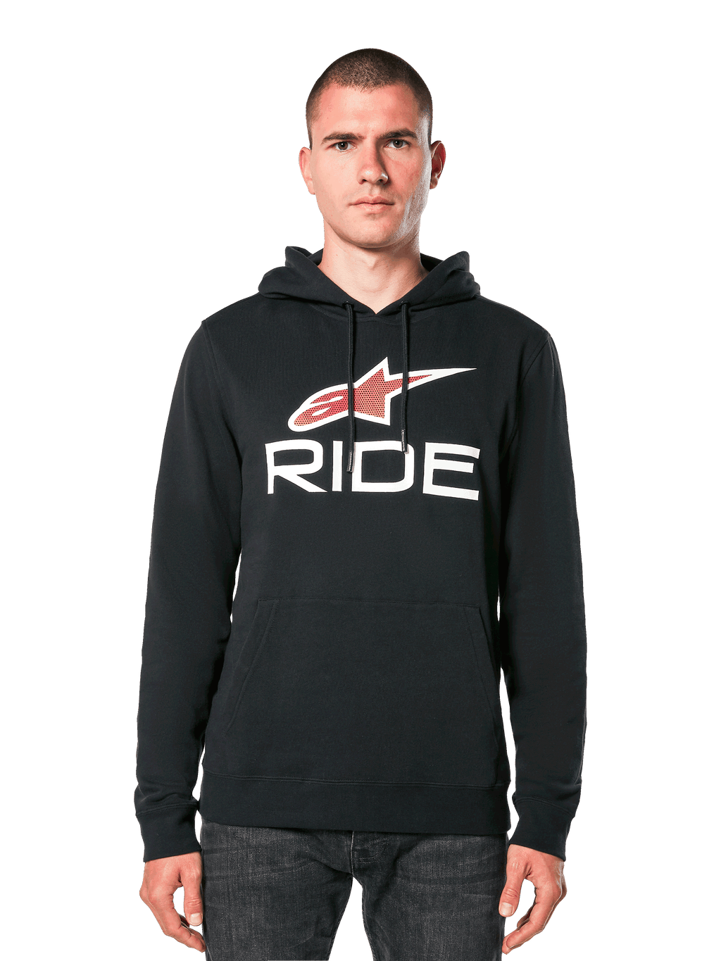 Alpinestars Ride 4.0 Hoodie, sudadera negra con logotipo de estrella en rojo y blanco y texto RIDE, forro polar con capucha con cordón y bolsillo frontal, ropa casual inspirada en el automovilismo