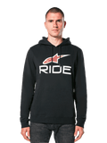 Alpinestars Ride 4.0 Hoodie, sudadera negra con logotipo de estrella en rojo y blanco y texto RIDE, forro polar con capucha con cordón y bolsillo frontal, ropa casual inspirada en el automovilismo