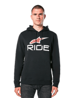 Alpinestars Ride 4.0 Hoodie, sudadera negra con logotipo de estrella en rojo y blanco y texto RIDE, forro polar con capucha con cordón y bolsillo frontal, ropa casual inspirada en el automovilismo