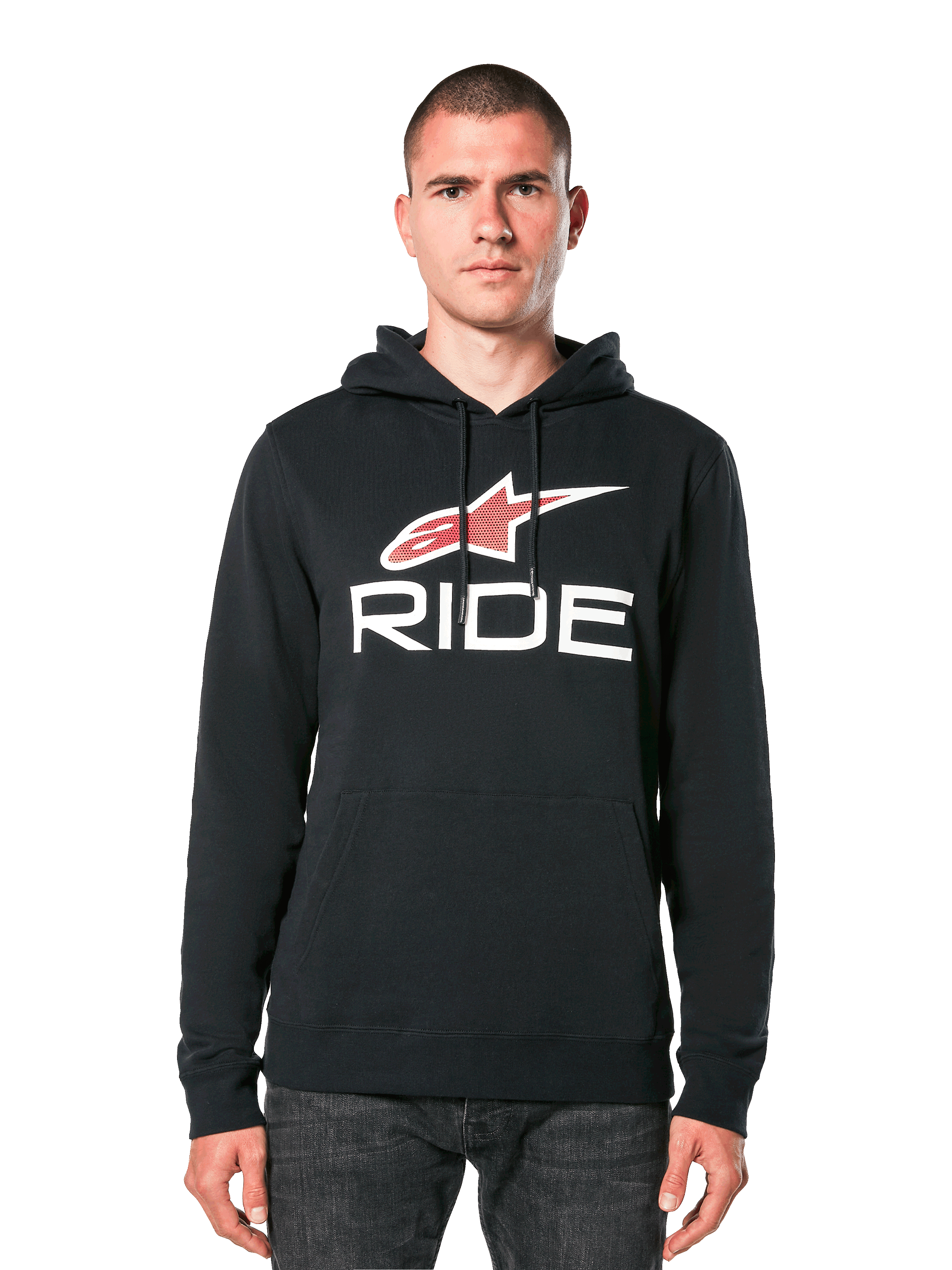 Alpinestars Ride 4.0 Hoodie, Black with Red and White Star Logo and RIDE text, pullover fleece with drawstring hood and front pocket, casual motorsport-inspired apparel