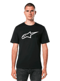 Alpinestars Ageless 2.0 CSF Tee, Black Short Sleeve T-Shirt, White Alpinestars Star Logo, Worn by Model with Dark Jeans, Casual Motorsport Streetwear