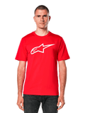 Alpinestars Ageless 2.0 CSF Tee, Red short-sleeve T-shirt with white star logo, casual motorsport apparel, crew neck, modeled front view
