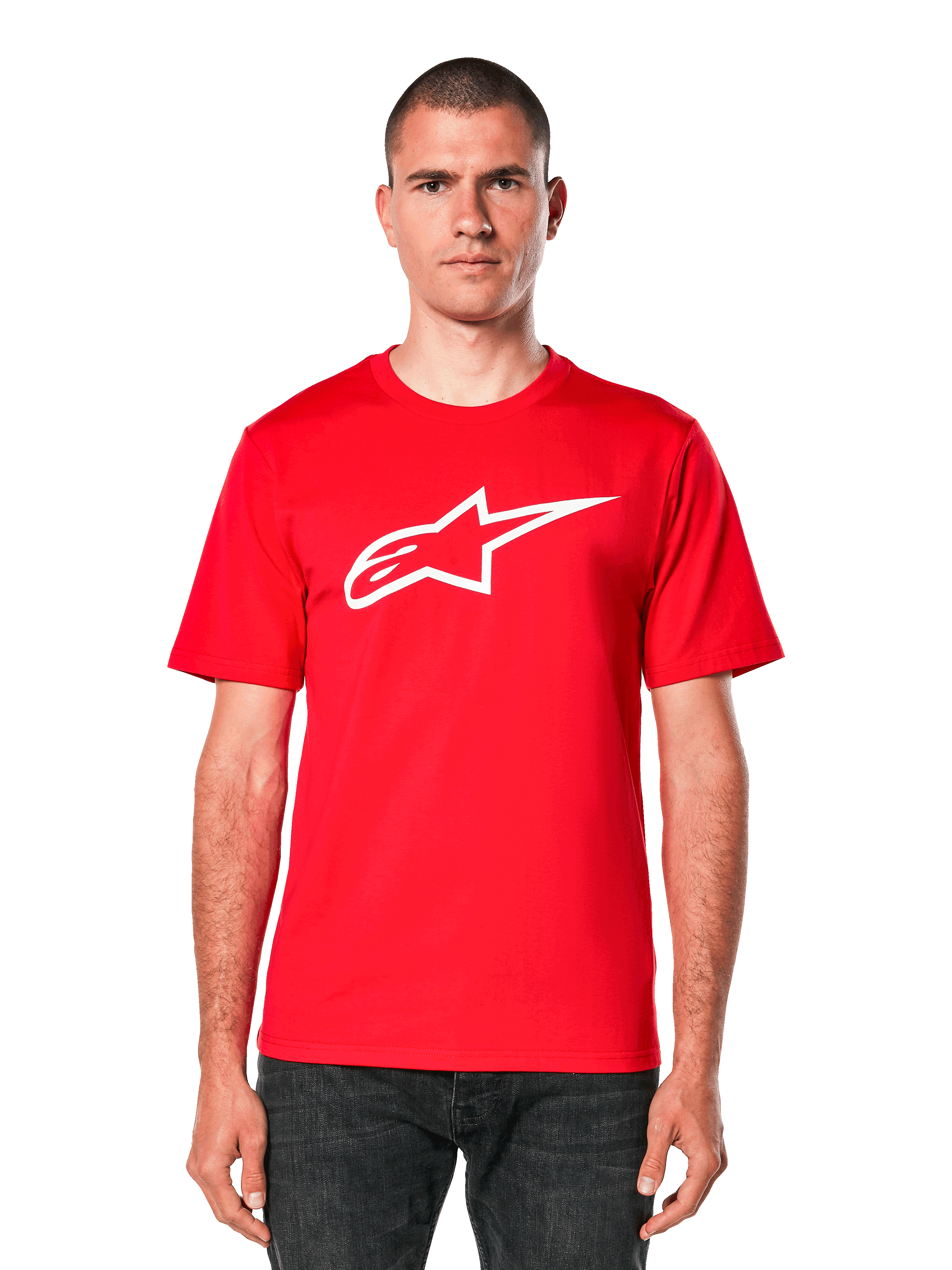 Alpinestars Ageless 2.0 CSF Tee, Red short-sleeve T-shirt with white star logo, casual motorsport apparel, crew neck, modeled front view