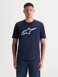 Alpinestars Ageless 2.0 CSF, camiseta de mangas cortas, azul marino con logotipo Astars blanco en el pecho, mezcla premium de algodón y poliéster, ropa deportiva casual, vista frontal en modelo