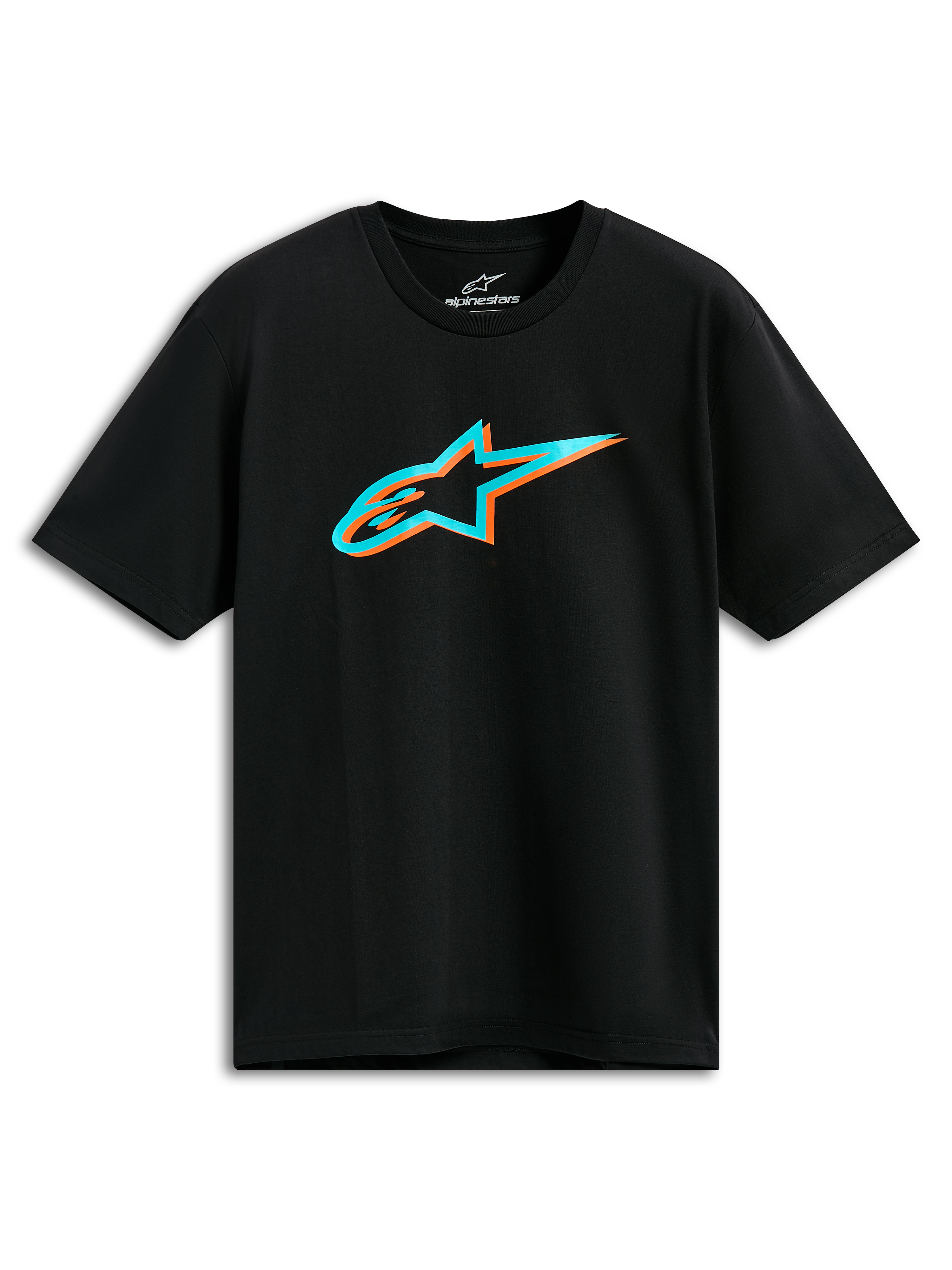 Alpinestars Ageless Shadow CSF Tee, Short Sleeve T-Shirt, Black, Turquoise and Orange Shadow Astars Logo, Casual Motorsport Streetwear