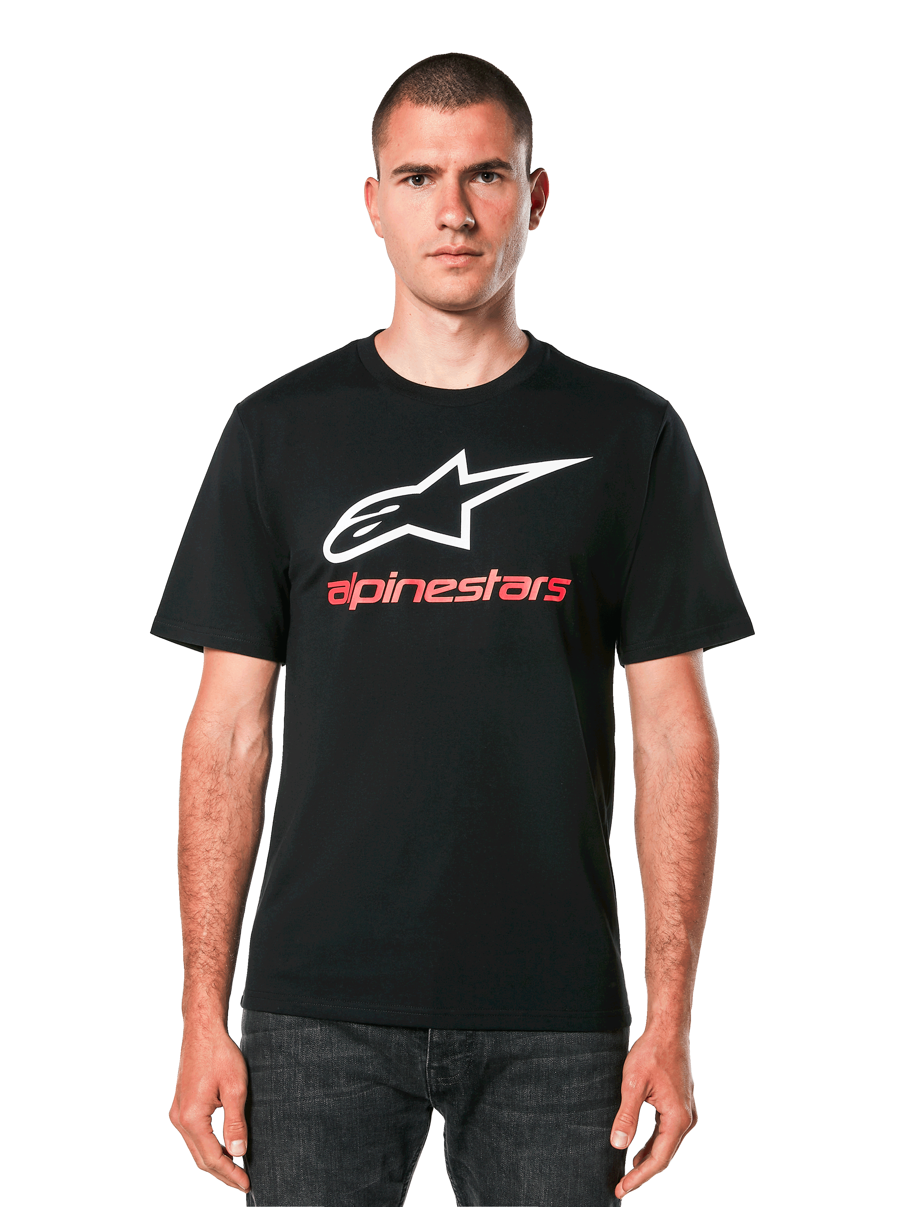 Alpinestars Always 2.0 CSF Tee, camiseta de manga corta, negra, logo de estrella blanco con texto Alpinestars en rojo, estilo casual urbano de automovilismo