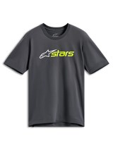 Alpinestars Blaze 2.0 CSF Tee, Short Sleeve T-Shirt, Charcoal Gray, White Star Logo with Hi-Vis Yellow Stars Text, Casual Motorsport Streetwear