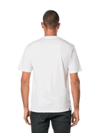Alpinestars Blaze 2.0 CSF Tee, Short Sleeve T-Shirt, White Navy Blue, back view of a man wearing a plain white tee with black pants, casual motorsport streetwear