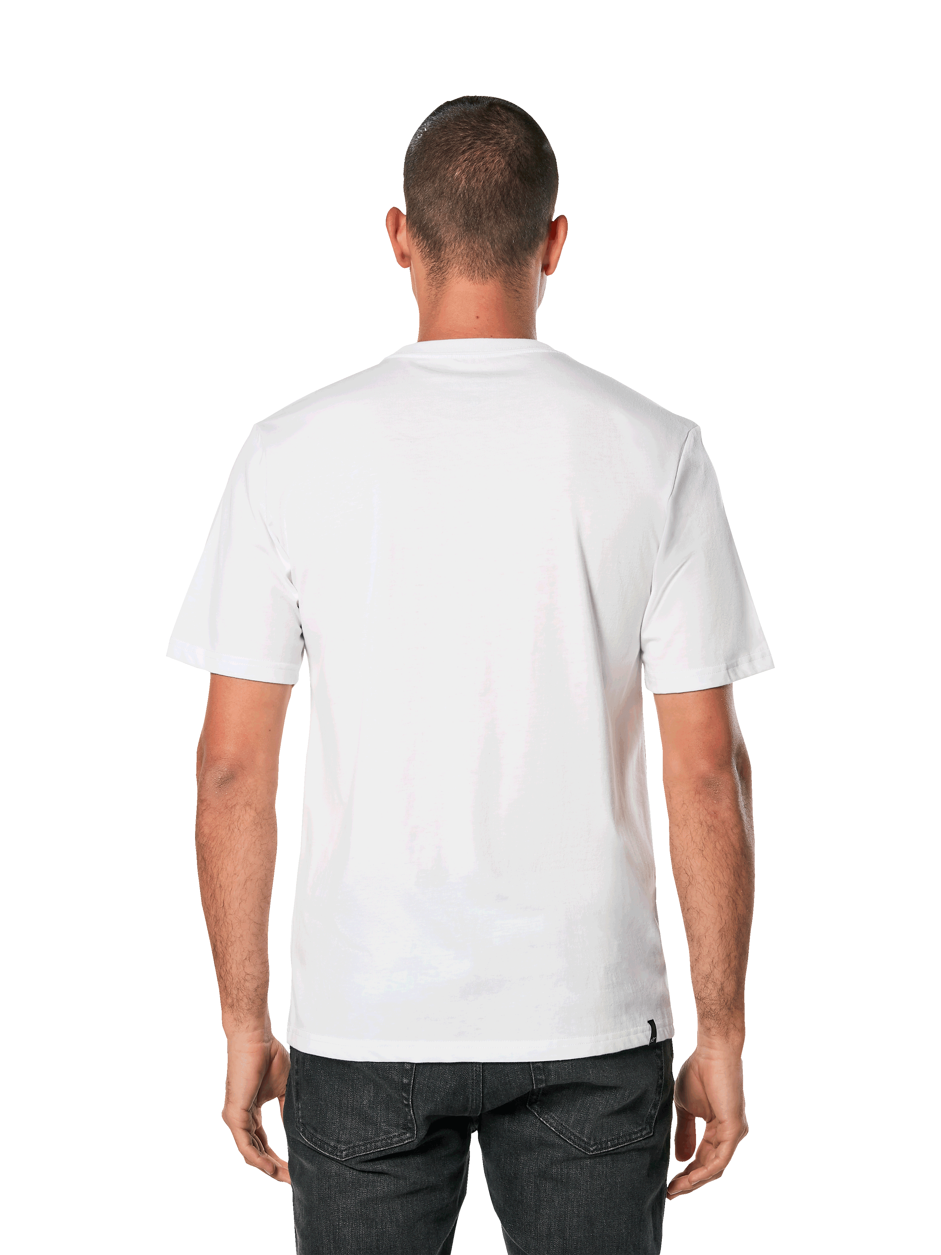 Alpinestars Blaze 2.0 CSF Tee, Short Sleeve T-Shirt, White Navy Blue, back view of a man wearing a plain white tee with black pants, casual motorsport streetwear