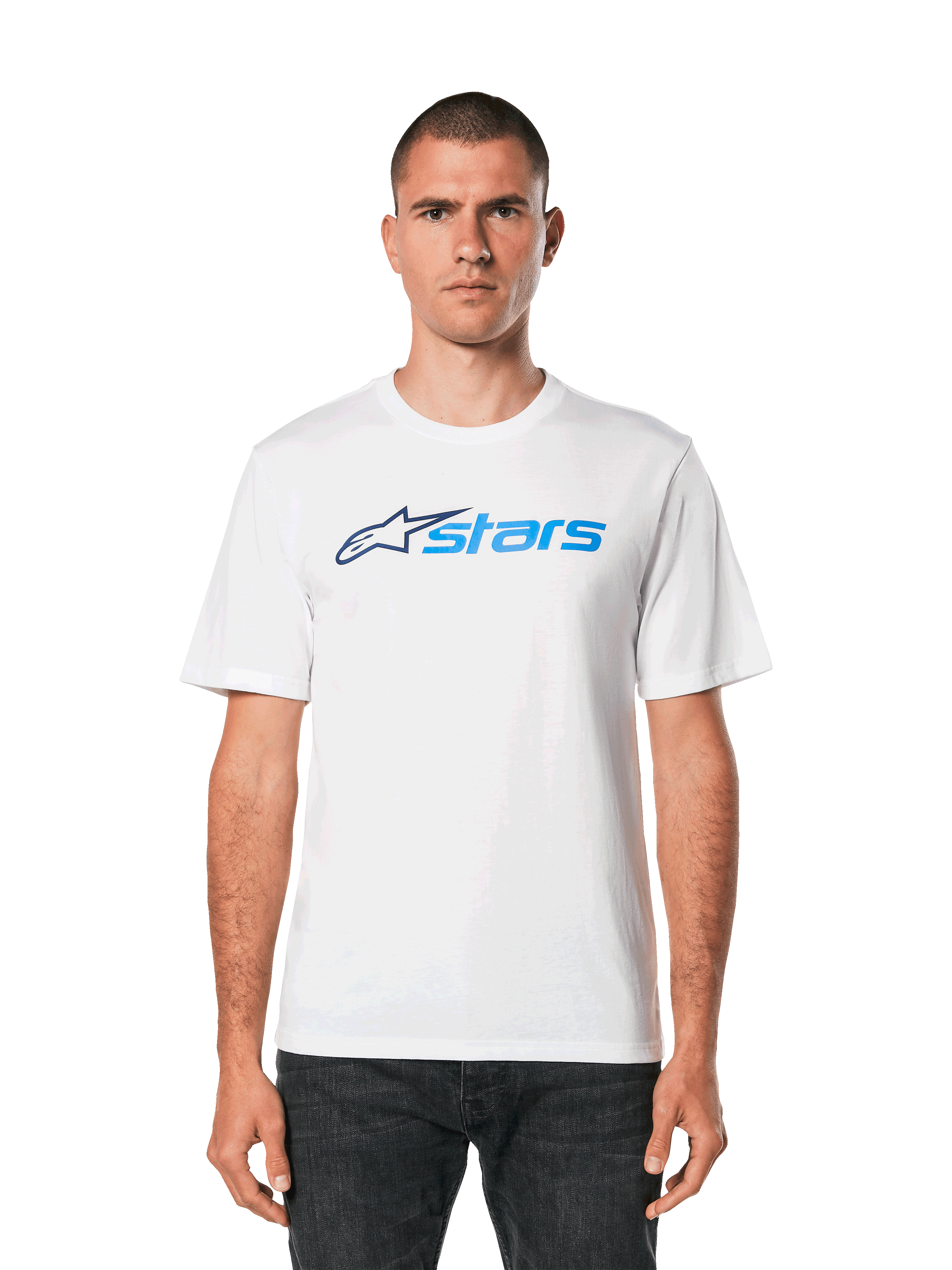 Alpinestars Blaze 2.0 CSF Tee, White Short Sleeve T-Shirt, Blue Alpinestars Logo Graphic, Casual Motorsport Streetwear, Worn with Dark Jeans