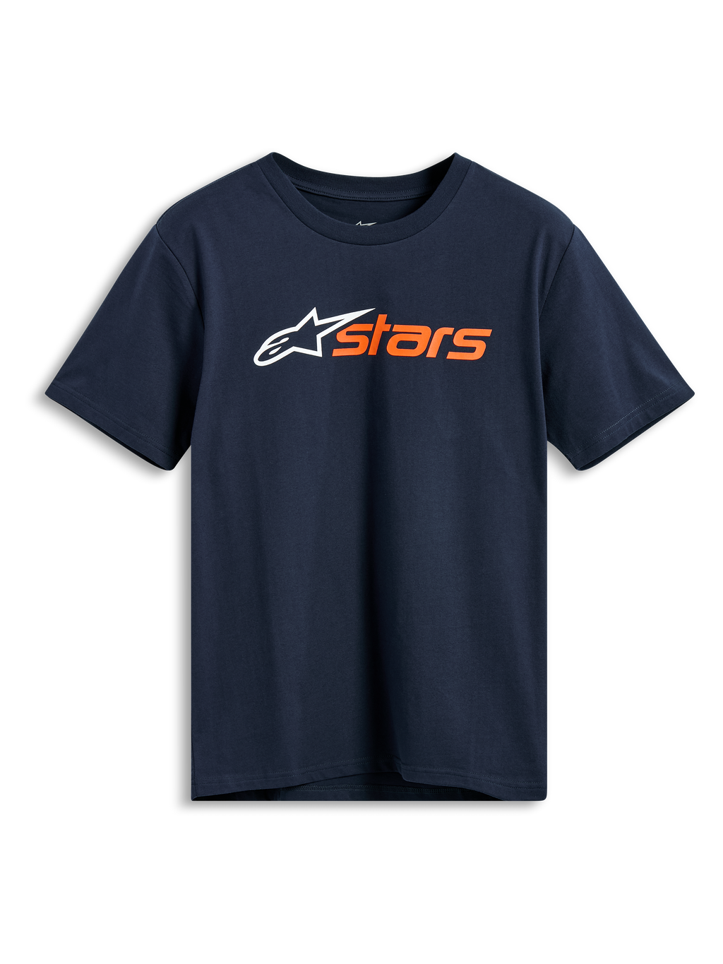 Alpinestars Blaze 2.0 CSF Tee, camiseta de manga corta, azul marino, logotipo Alpinestars blanco y gráfico 'stars' naranja en el pecho, ropa casual estilo motorsport