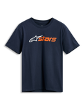 Alpinestars Blaze 2.0 CSF Tee, camiseta de manga corta, azul marino, logotipo Alpinestars blanco y gráfico 'stars' naranja en el pecho, ropa casual estilo motorsport