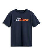 Alpinestars Blaze 2.0 CSF Tee, camiseta de manga corta, azul marino, logotipo Alpinestars blanco y gráfico 'stars' naranja en el pecho, ropa casual estilo motorsport