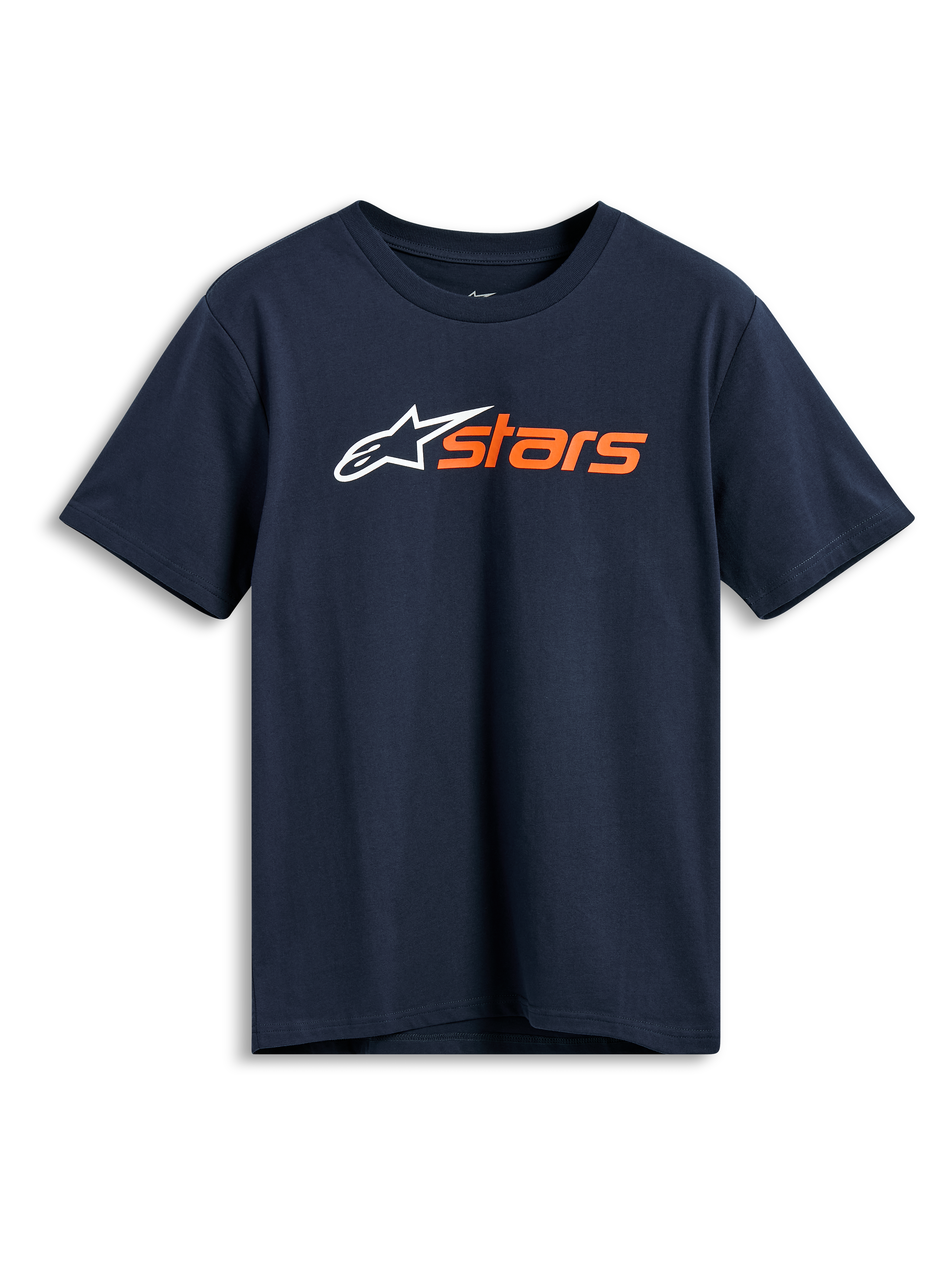 Alpinestars Blaze 2.0 CSF Tee, camiseta de manga corta, azul marino, logotipo Alpinestars blanco y gráfico 'stars' naranja en el pecho, ropa casual estilo motorsport