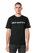 Alpinestars Linear Wordmark 2.0 CSF Tee, Short Sleeve T-Shirt, Black, Grey linear wordmark across the chest and red Ageless logo on the sleeve, worn by a model with dark jeans, casual motorsport-inspired streetwear