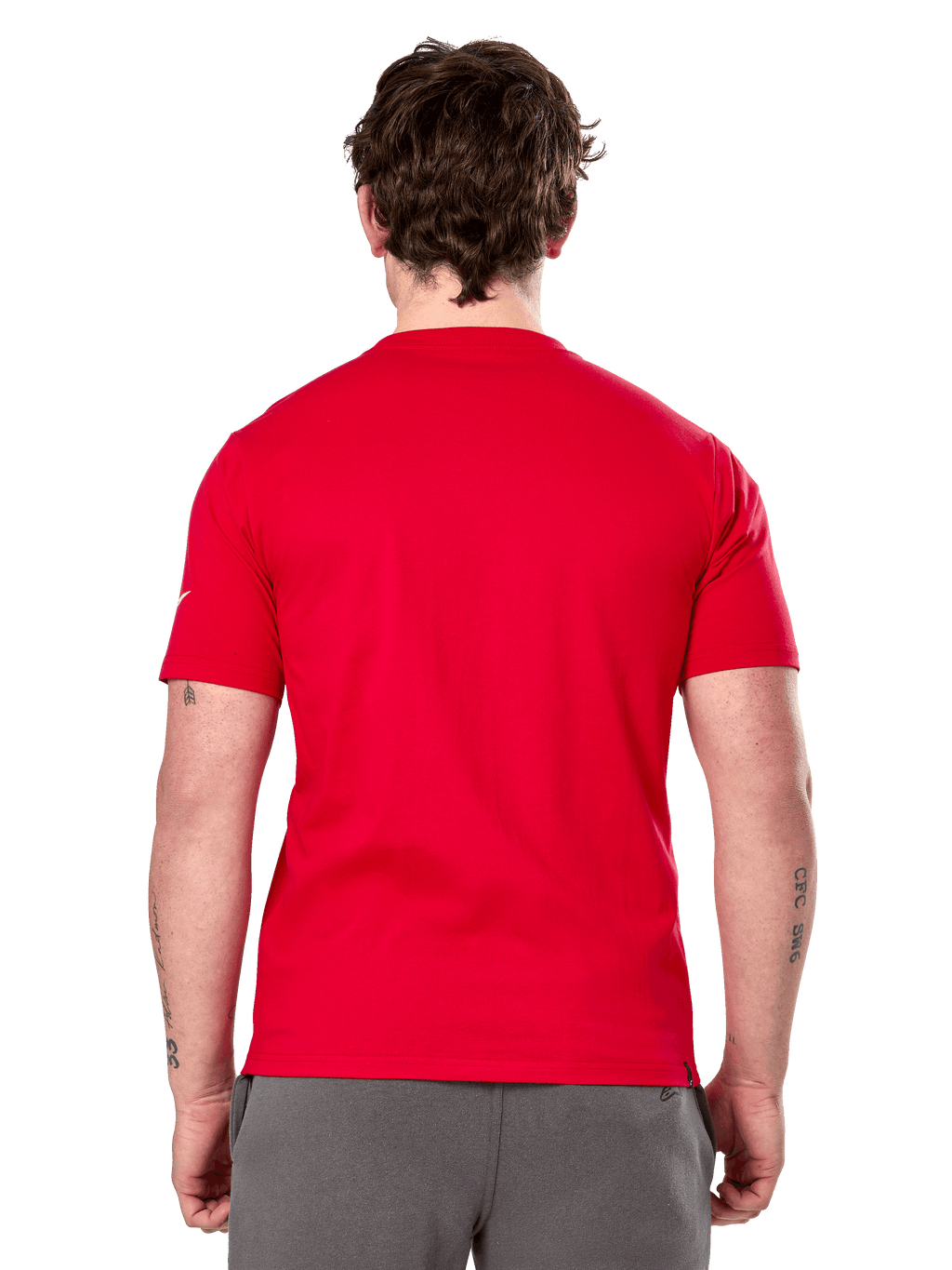 Alpinestars Linear Wordmark 2.0 CSF Tee, camiseta de manga corta, roja, vista trasera, rojo liso con pequeño logo blanco en la manga, diseño casual inspirado en el automovilismo