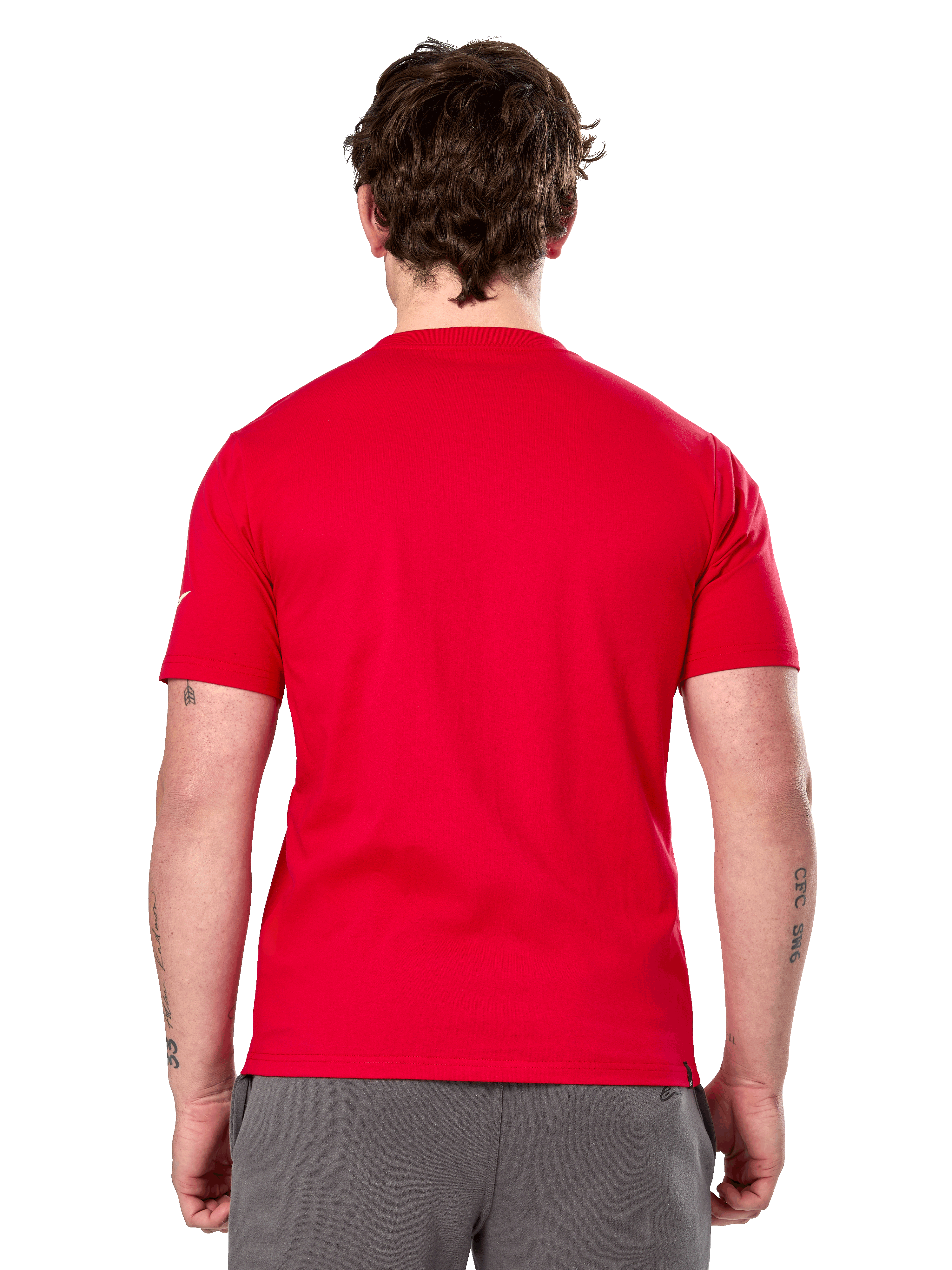 Alpinestars Linear Wordmark 2.0 CSF Tee, camiseta de manga corta, roja, vista trasera, rojo liso con pequeño logo blanco en la manga, diseño casual inspirado en el automovilismo