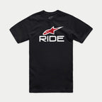 Alpinestars Ride 4.0 CSF Tee, camiseta de manga corta, negra, logotipo de Alpinestars en rojo y texto RIDE en blanco, ropa urbana casual de automovilismo