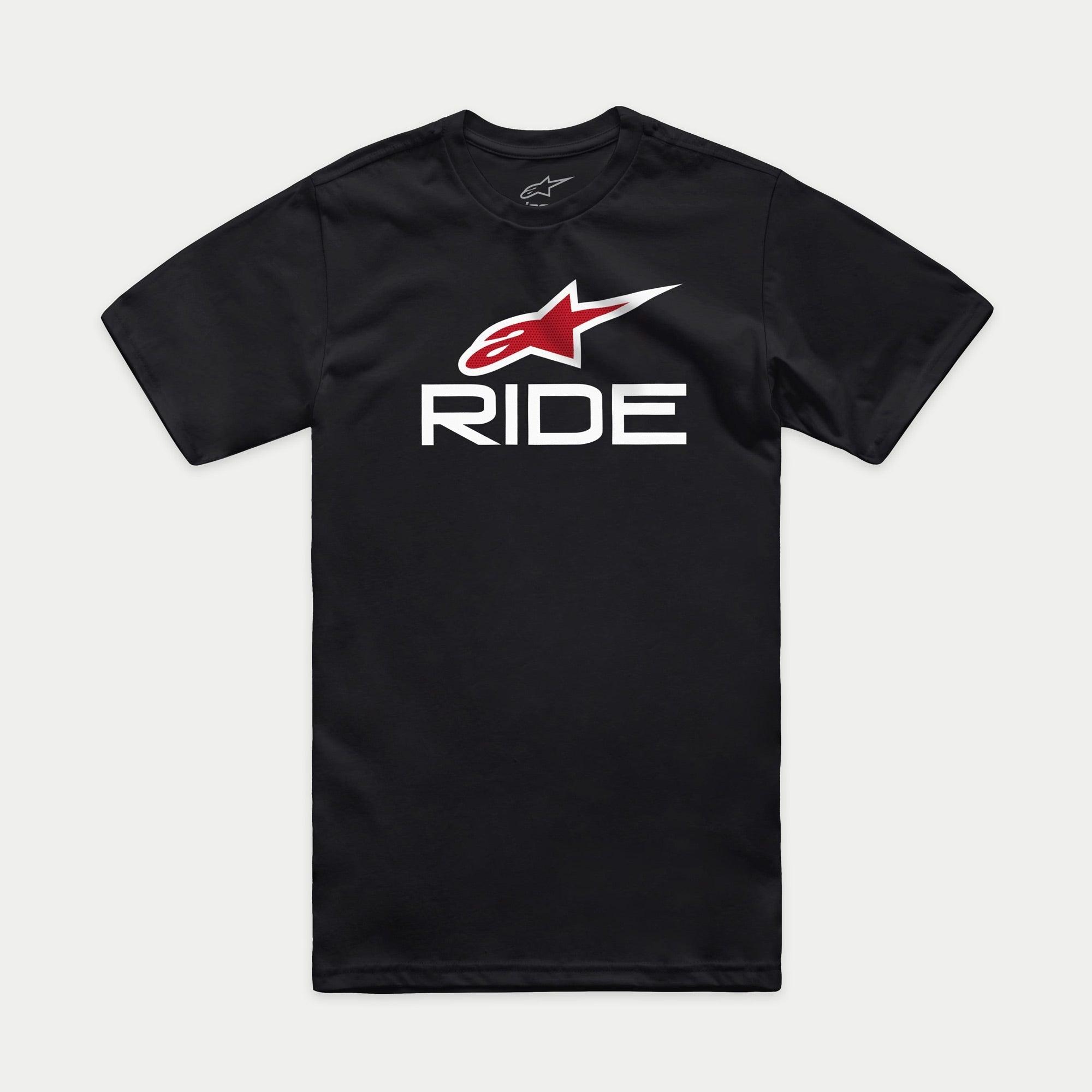 Alpinestars Ride 4.0 CSF Tee, camiseta de manga corta, negra, logotipo de Alpinestars en rojo y texto RIDE en blanco, ropa urbana casual de automovilismo