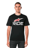 Alpinestars Ride 4.0 CSF Tee, camiseta negra de manga corta con logotipo de estrella roja y gráfico de texto "RIDE" en blanco, ropa casual de motorsport para hombre