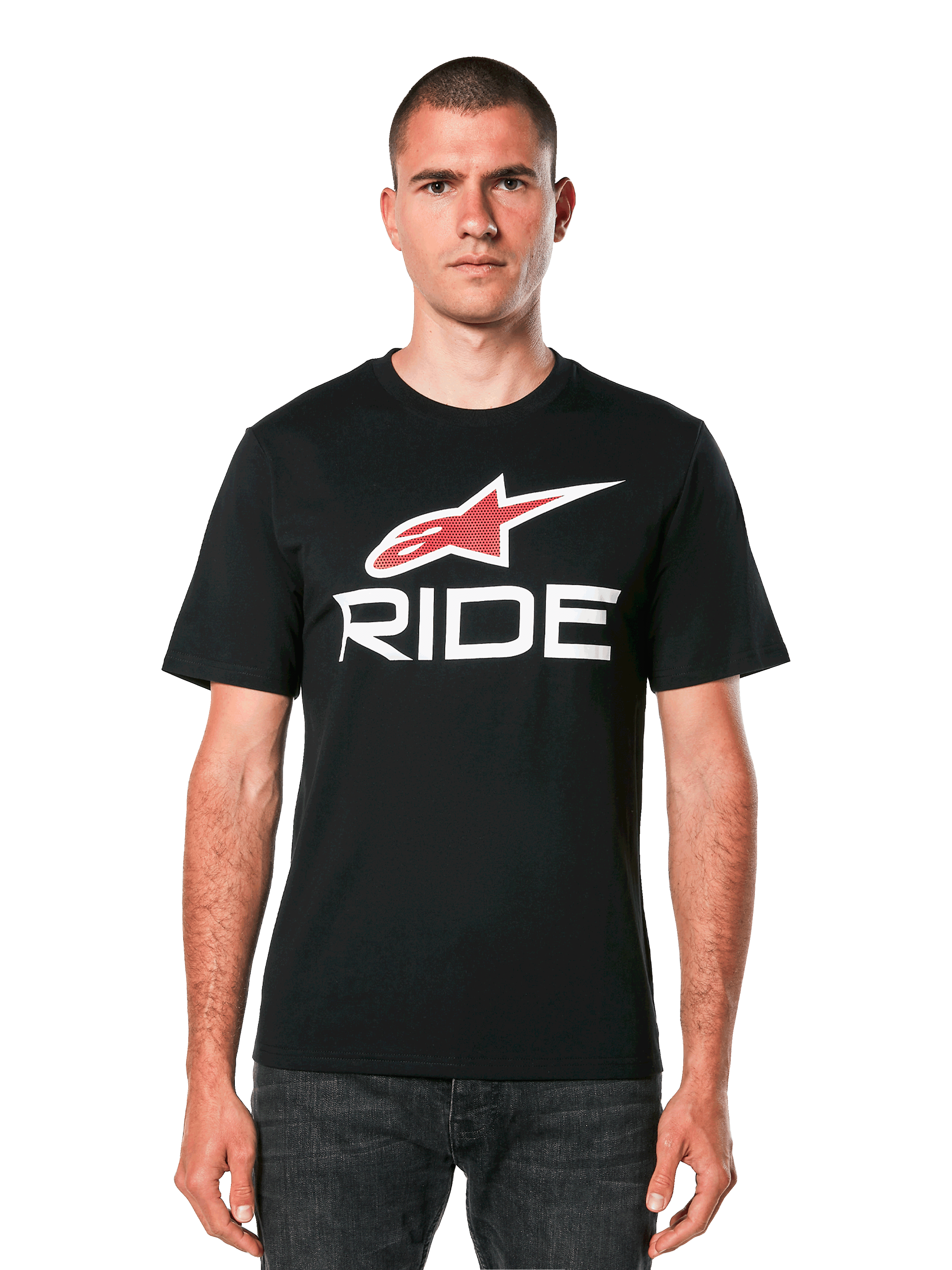 Alpinestars Ride 4.0 CSF Tee, camiseta negra de manga corta con logotipo de estrella roja y gráfico de texto "RIDE" en blanco, ropa casual de motorsport para hombre