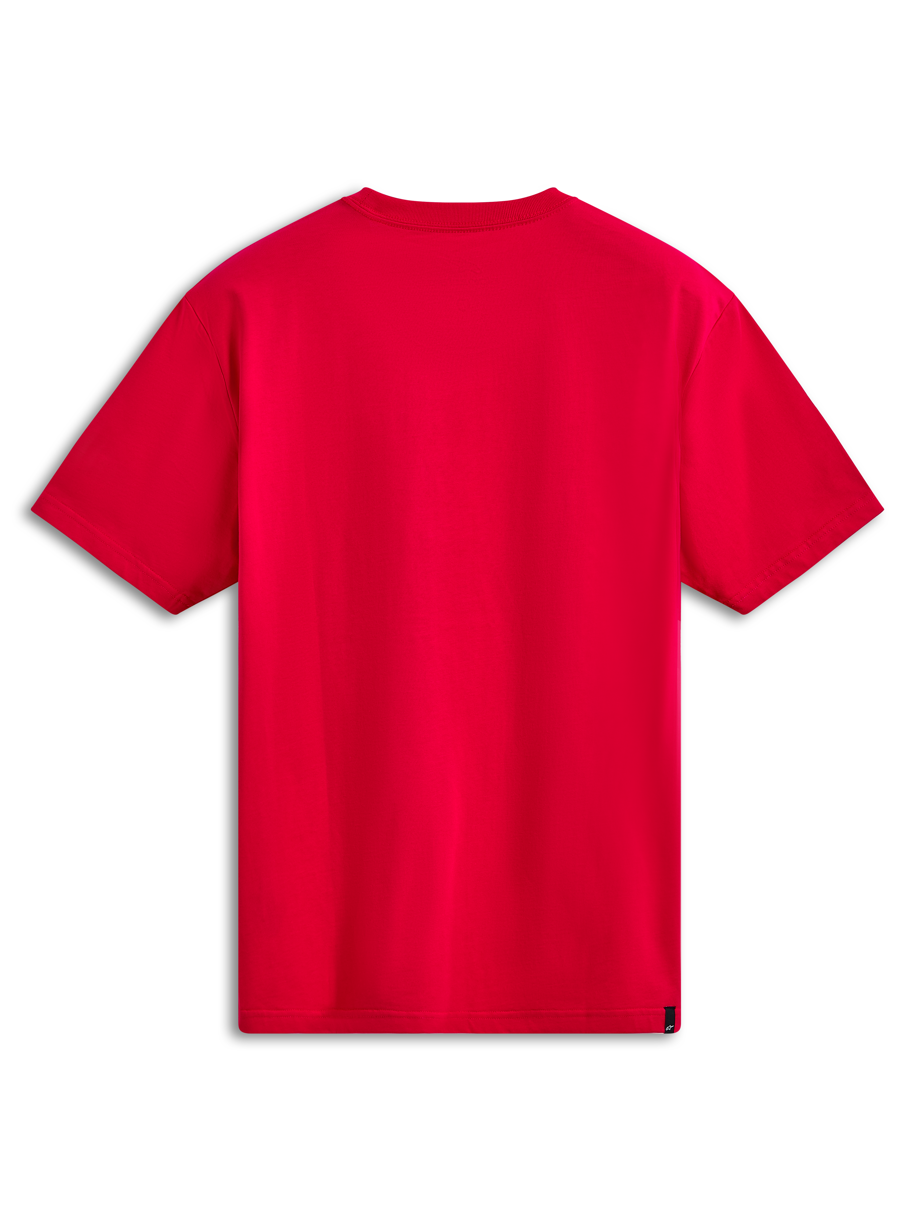 Alpinestars Ride 4.0 CSF Tee, Short Sleeve T-Shirt, Red, back view showing plain red fabric, small black woven label on bottom hem, casual motorsport streetwear