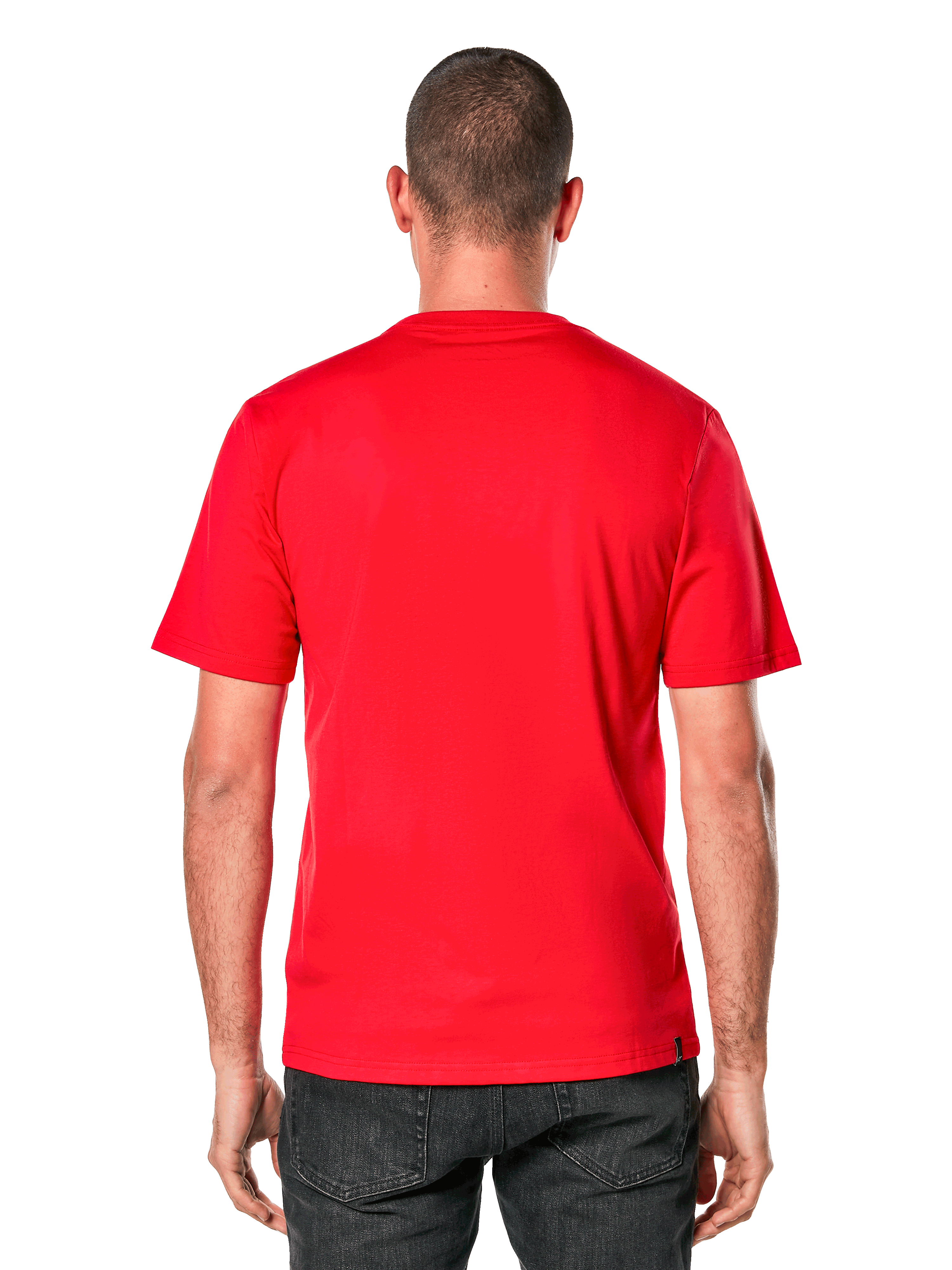 Alpinestars Ride 4.0 CSF Tee, camiseta de manga corta, roja, vista trasera en modelo, tejido rojo brillante con una pequeña etiqueta negra de la marca en el dobladillo, estilo casual de ropa urbana de automovilismo