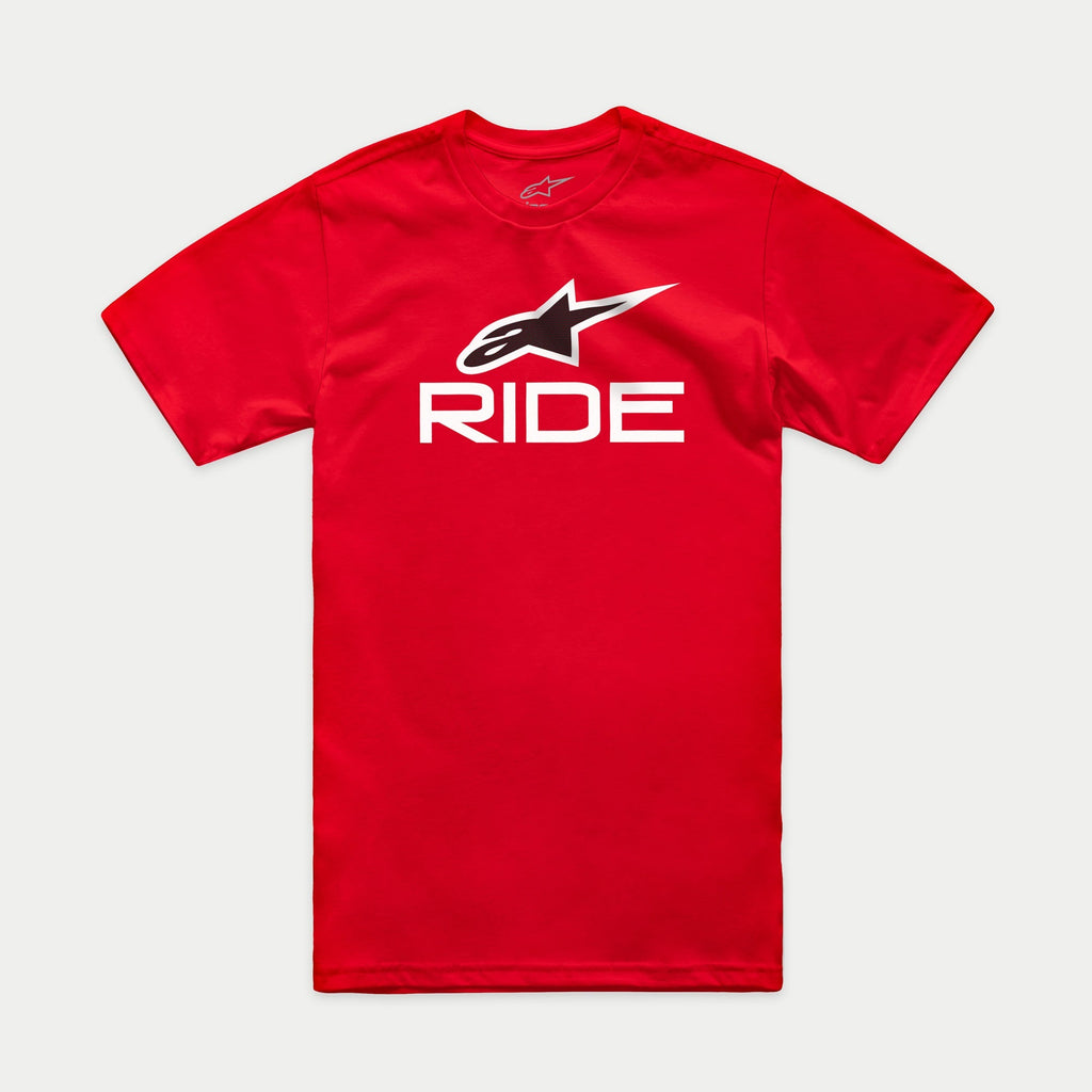 Camiseta Alpinestars Ride 4.0 CSF, camiseta de manga corta para hombre, roja, gráfico RIDE en blanco con logotipo de la estrella de Alpinestars en blanco y negro, ropa deportiva casual de motor