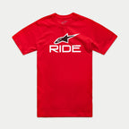 Camiseta Alpinestars Ride 4.0 CSF, camiseta de manga corta para hombre, roja, gráfico RIDE en blanco con logotipo de la estrella de Alpinestars en blanco y negro, ropa deportiva casual de motor