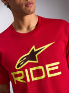 Alpinestars Ride 4.0 CSF Tee, Short Sleeve T-Shirt, Red, Front logo with black and hi-vis yellow Astars symbol and yellow RIDE text, casual motorsport sportswear