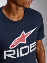 Alpinestars Ride 4.0 CSF Tee, Short Sleeve T-Shirt, Navy Blue, featuring a Red and White Star Logo and Large White 'RIDE' Text, Casual Motorsport Streetwear