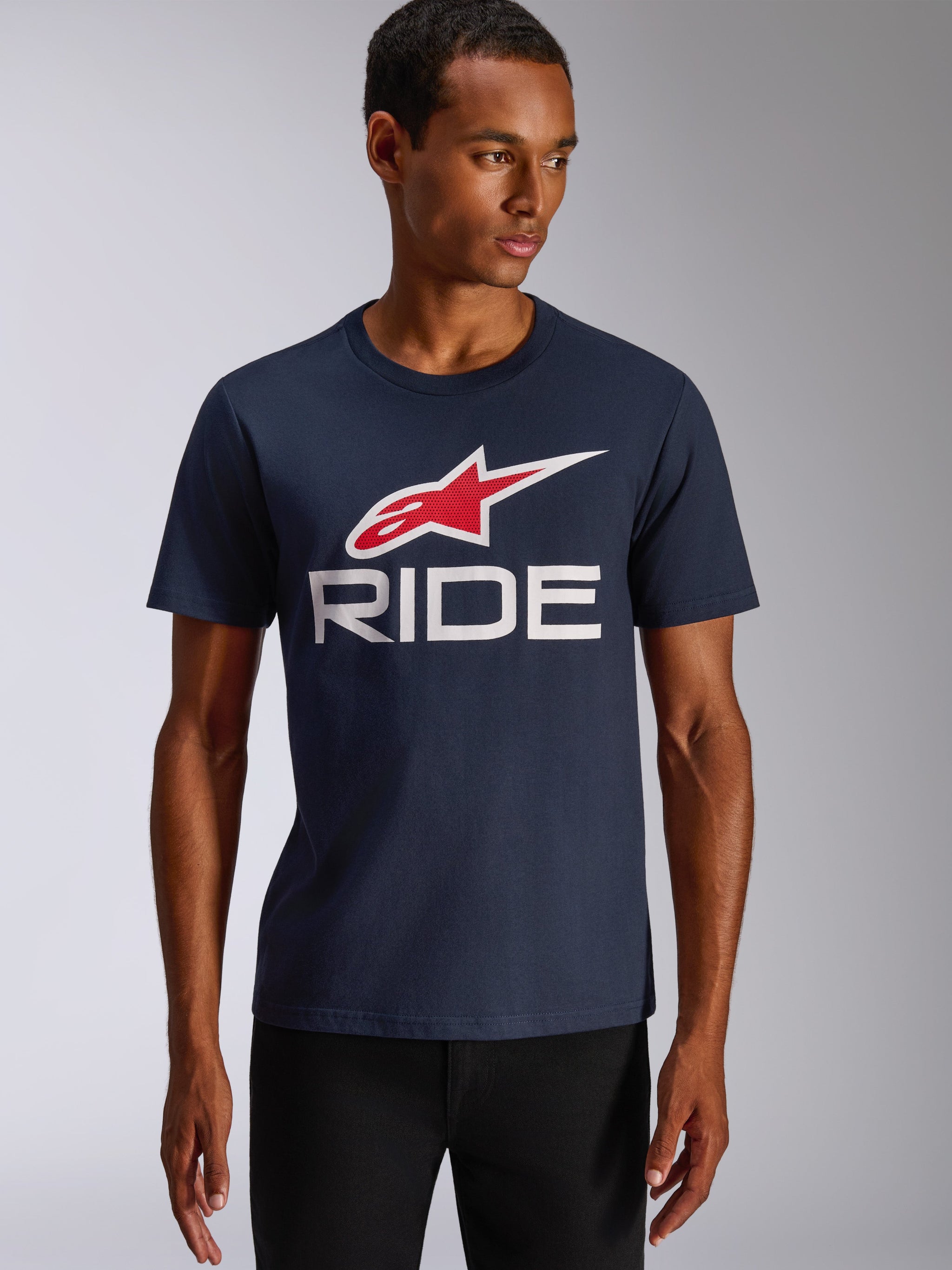 Alpinestars Ride 4.0 CSF Tee, Short Sleeve T-Shirt, Navy Blue, Red and White Ride 4.0 Logo on Chest, Casual Motorsport Streetwear