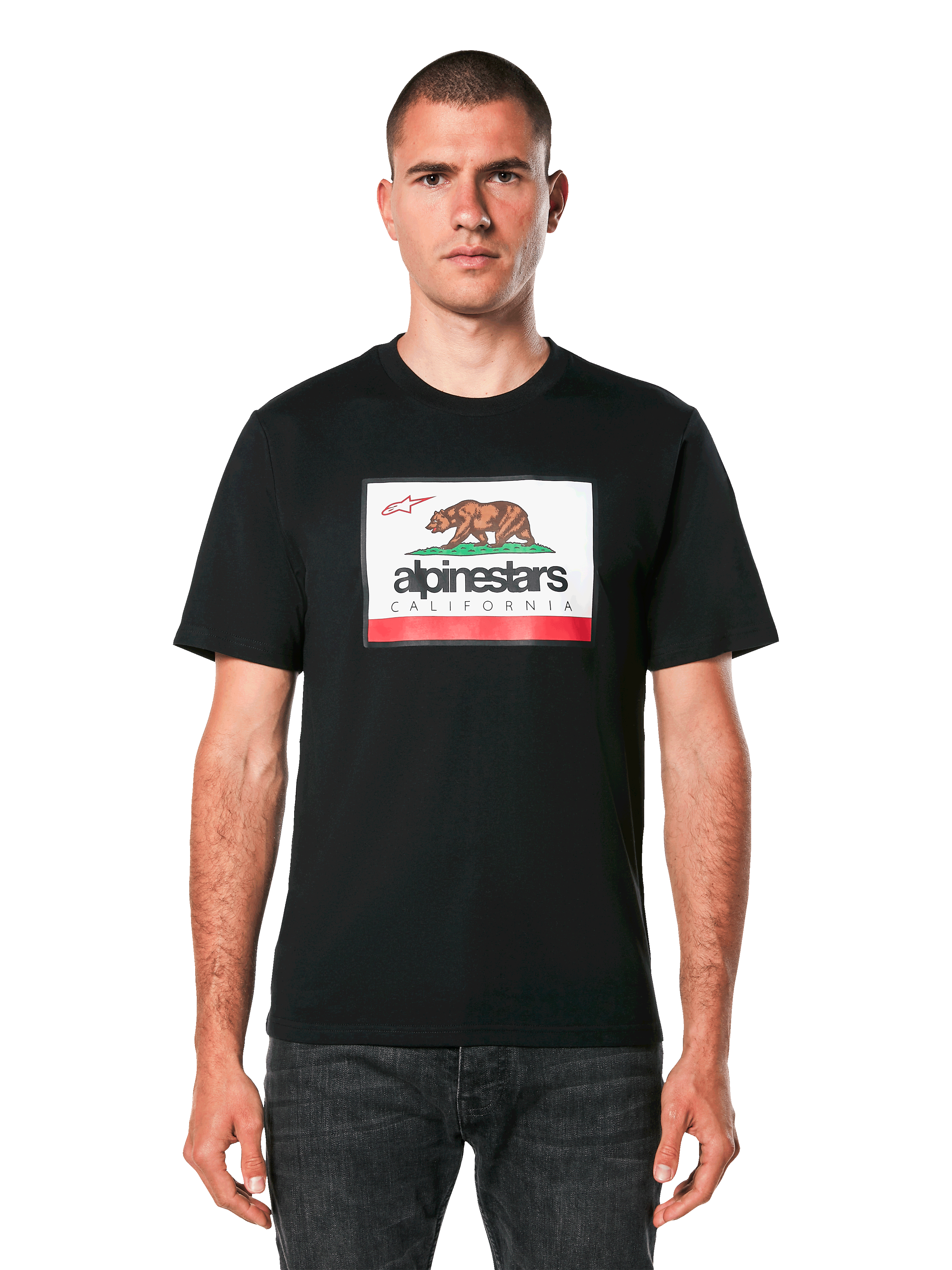Alpinestars Cali 2.0 CSF Tee, Short Sleeve T-Shirt, Black, featuring a front Cali 2.0 graphic with a brown bear and Alpinestars California branding, casual motorsport streetwear